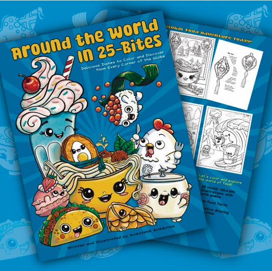 Front and back cover from my coloring book, “Around the World in 25-Bites.”