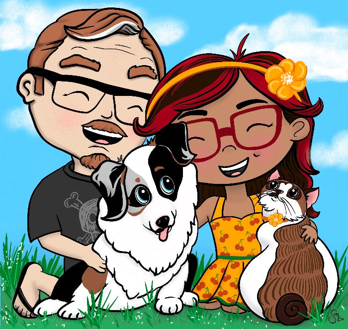A cartoon-style illustration of a smiling man and woman hugging a black-and-white dog while holding a brown cat, set against a blue sky with clouds and green grass. Self portrait of author and illustrator Suzanne Burbank and her family.
