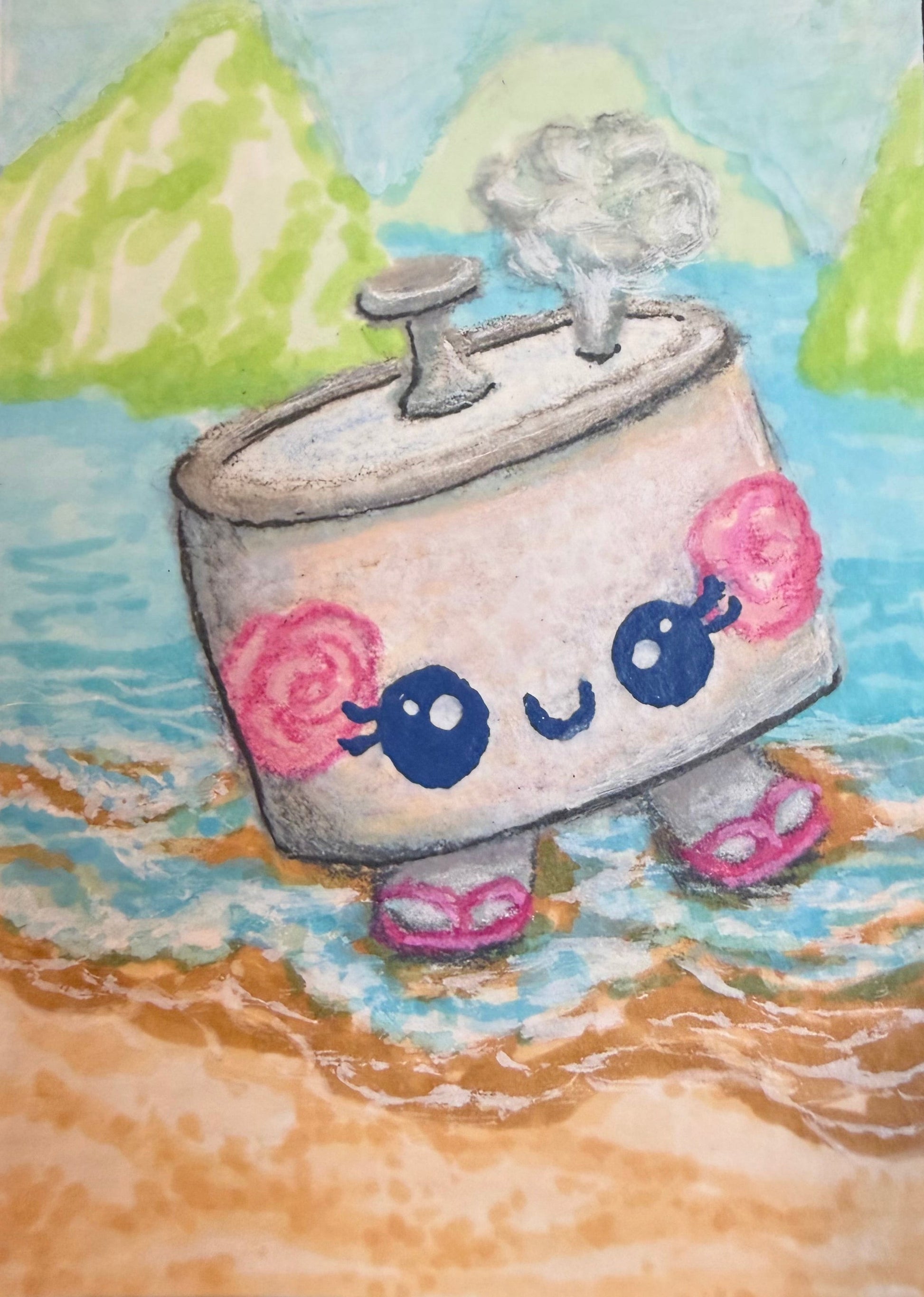 Close-up cartoon-style illustration of a rice pot wearing flip-flops on the beach. ACEO by Suzanne Burbank | SuziBu.Sketches