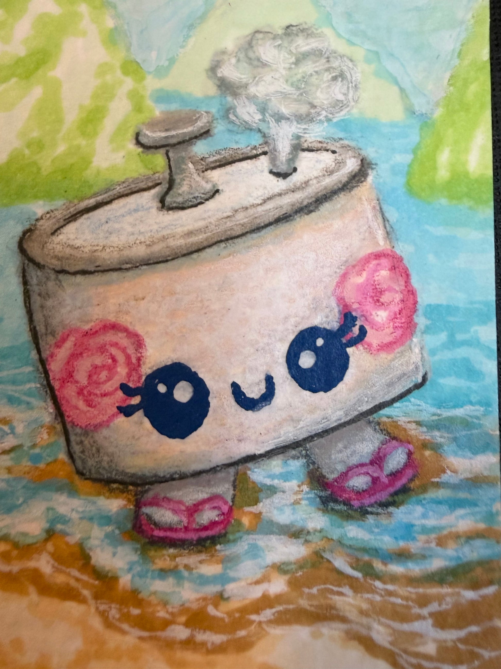 Cartoon illustration of a rice pot wearing flip-flops on the beach. ACEO by Suzanne Burbank | SuziBu.Sketches