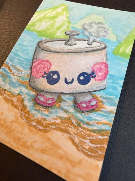 Cartoon-style illustration of a rice pot wearing flip-flops on the beach. ACEO by Suzanne Burbank | SuziBu.Sketches
