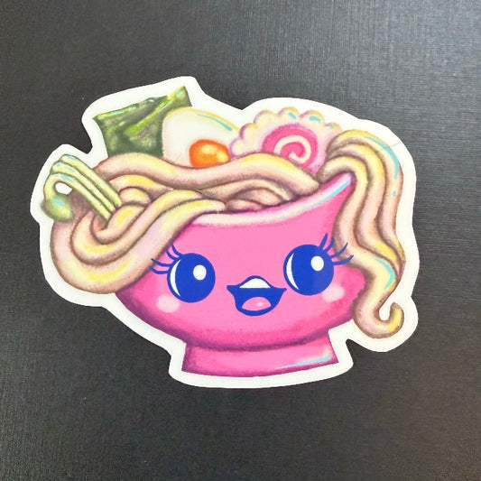 Sticker of a pink bowl with noodles and vegetables on a black background