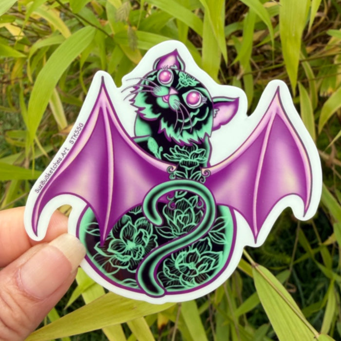 STICKER Glow-in-the-Dark Cat Bat Halloween Sticker | Botanical Flower Sticker | Gothic Decal | Laptop, Water Bottle & Planner