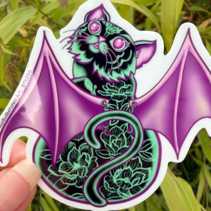 STICKER Glow-in-the-Dark Cat Bat Halloween Sticker | Botanical Flower Sticker | Gothic Decal | Laptop, Water Bottle & Planner