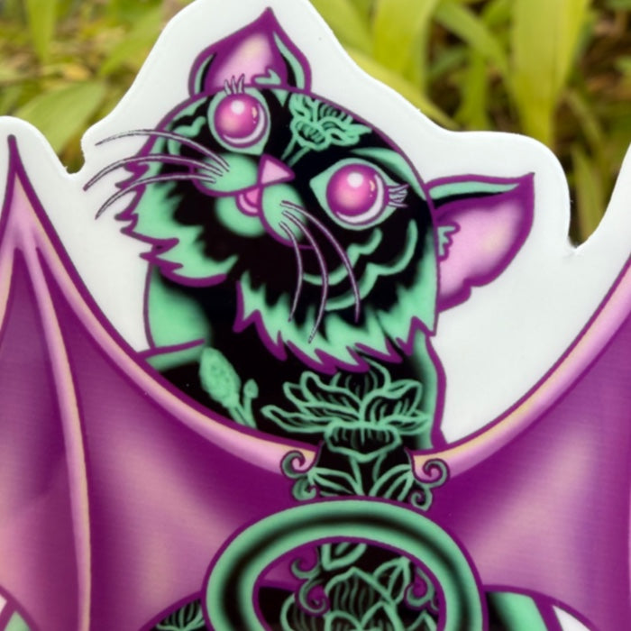 STICKER Glow-in-the-Dark Cat Bat Halloween Sticker | Botanical Flower Sticker | Gothic Decal | Laptop, Water Bottle & Planner