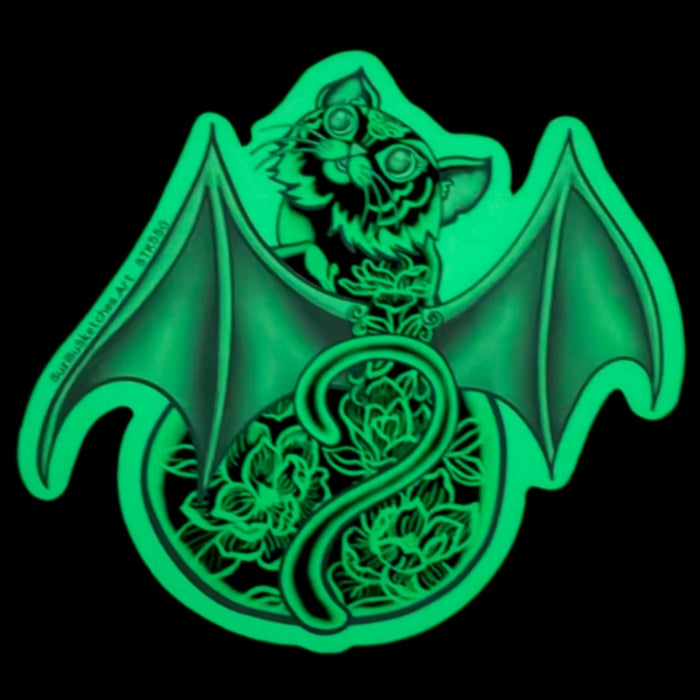 STICKER Glow-in-the-Dark Cat Bat Halloween Sticker | Botanical Flower Sticker | Gothic Decal | Laptop, Water Bottle & Planner