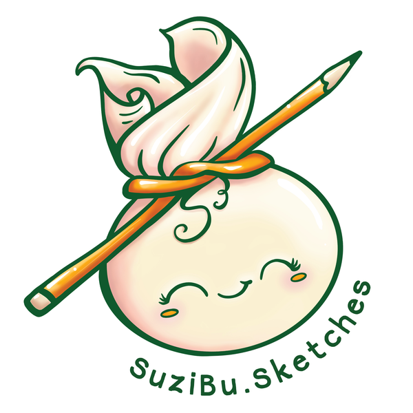 SuziBu Sketches company logo featuring an adorable money bag dumpling with a pencil used as the wrapper tie. 